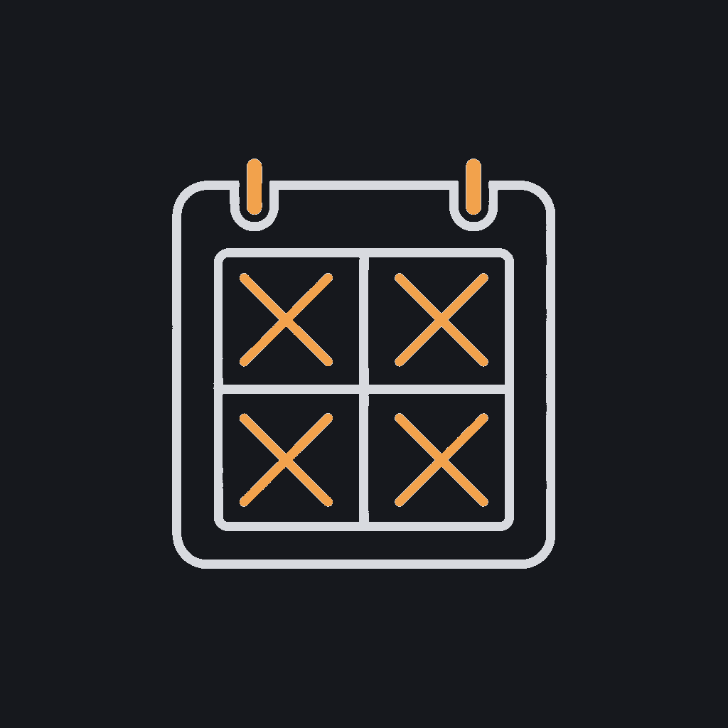 minimal line icon of a calendar with quarters crossed out, slow-timeline concept