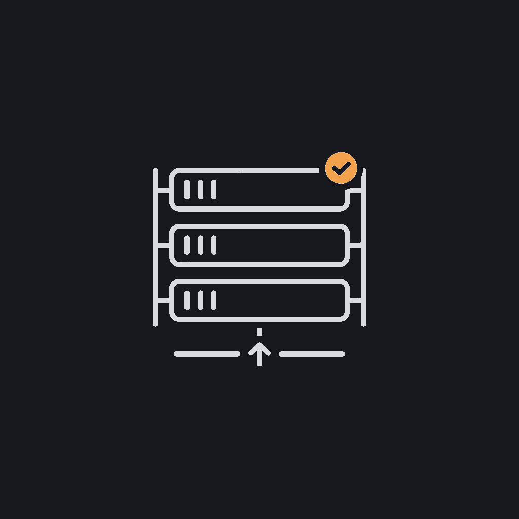 minimal line icon of a server rack with an active status dot, production concept