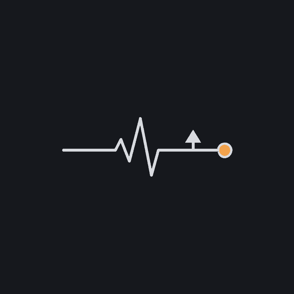 minimal line icon of a steady pulse line past a launch marker, ongoing-monitoring concept