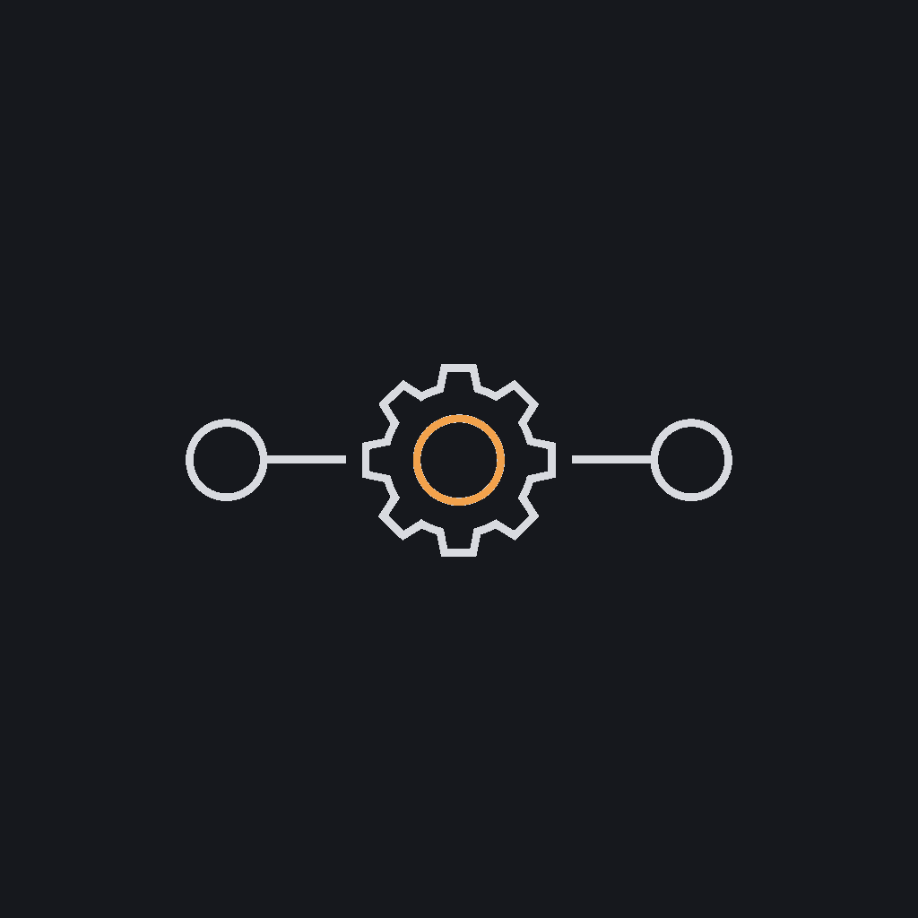 tiny line icon, three nodes with one shaped as a gear