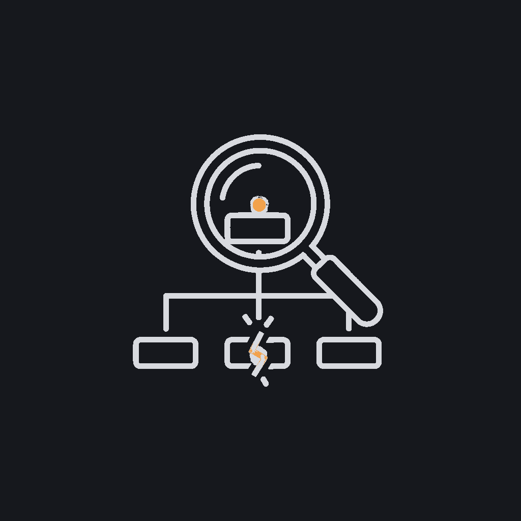 line icon of a magnifying glass over a stalled flowchart, diagnostic concept