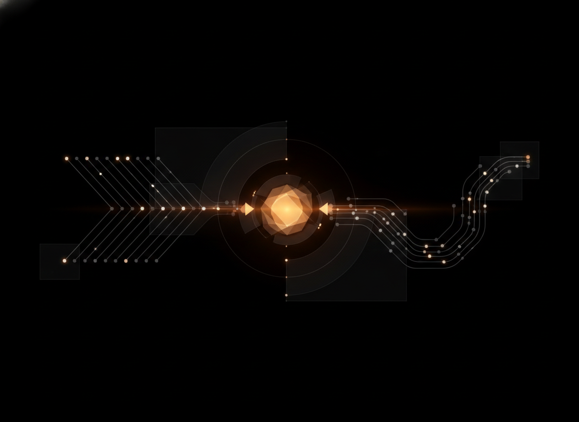 abstract geometric illustration of two converging conversation threads meeting at a single glowing node, evoking a live discovery call as pure form, dark background, minimal editorial style, no text, no people, no photography