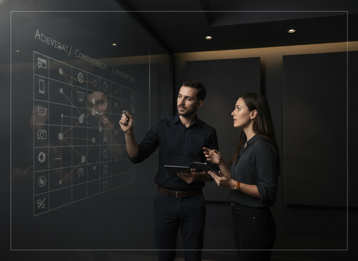 photo of two Banao engineers at a whiteboard mid-discussion, a device/browser compatibility matrix sketched on the board, candid documentary style, not posed