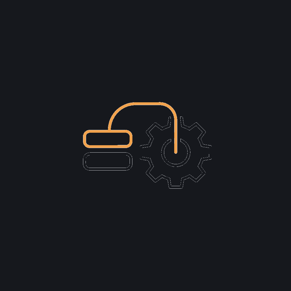 minimal line icon of a circuit node feeding into a gear, concept: AI embedded in the build process itself