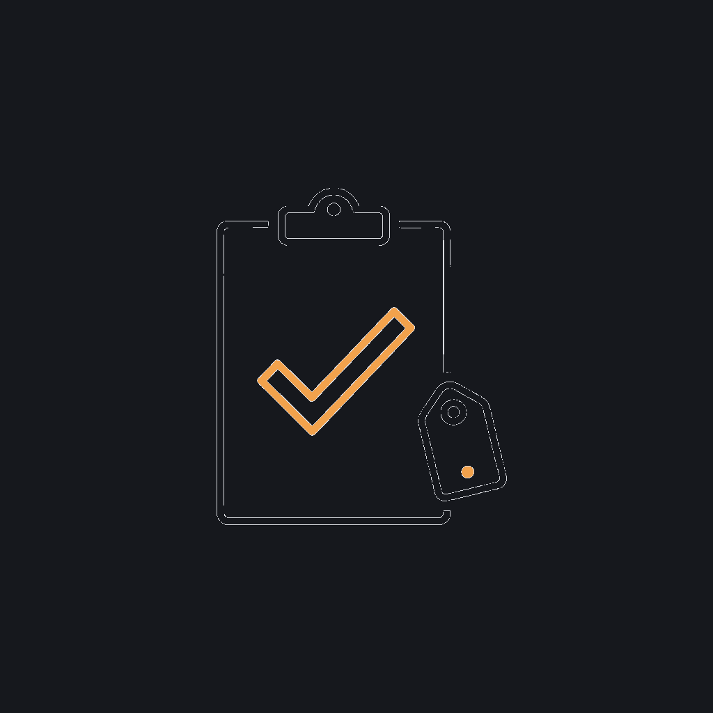 minimal line icon of a clipboard with a checkmark and a small price tag, monochrome, scoping concept