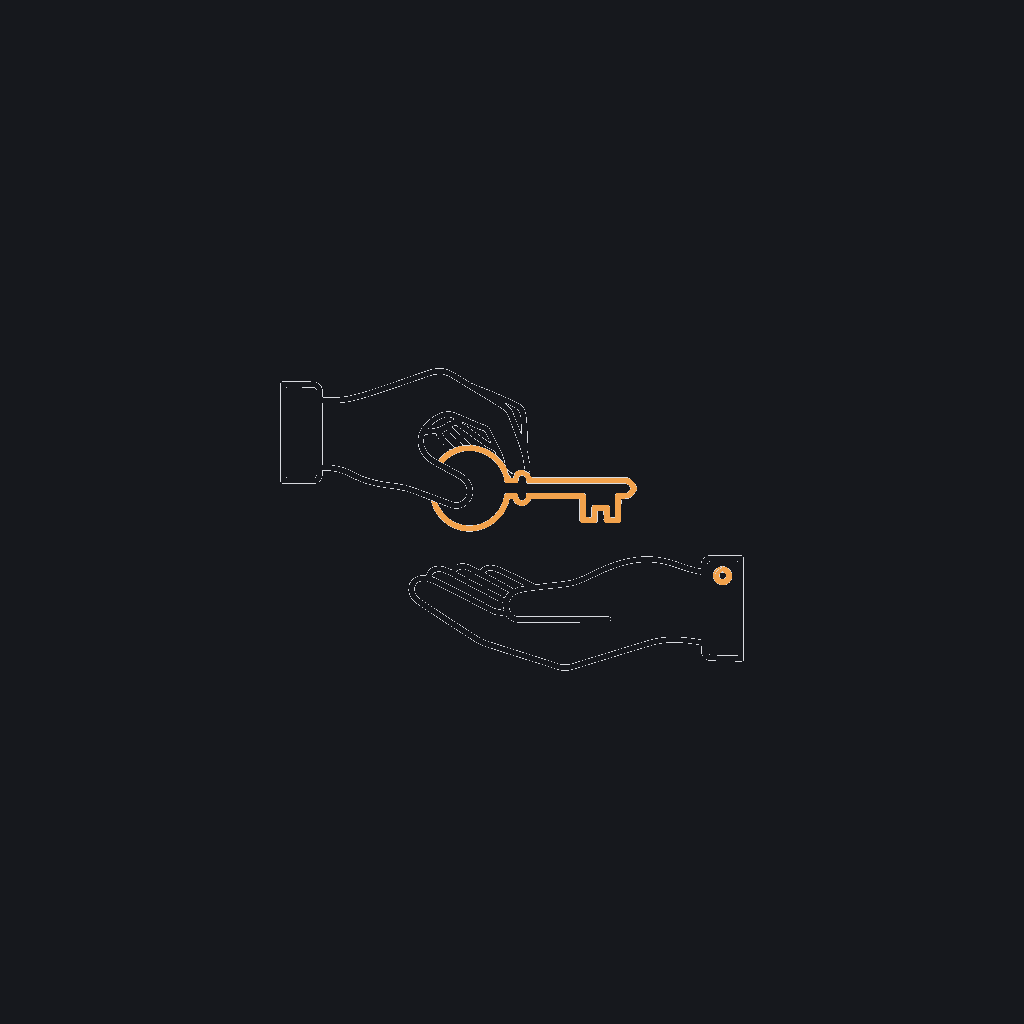 minimal line icon of a key being handed from one outline hand to another, monochrome, ownership handover concept
