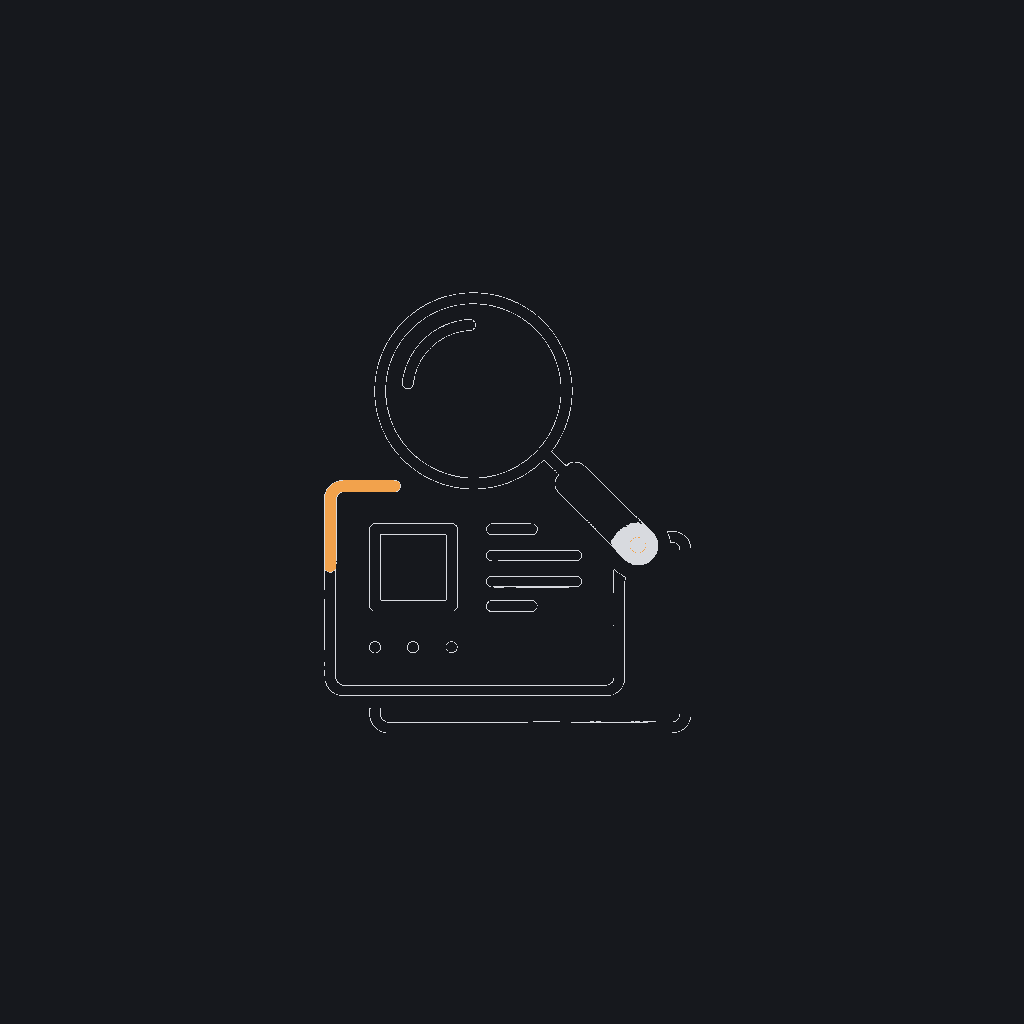 minimal line icon of a magnifying glass hovering over a product wireframe, monochrome, discovery concept