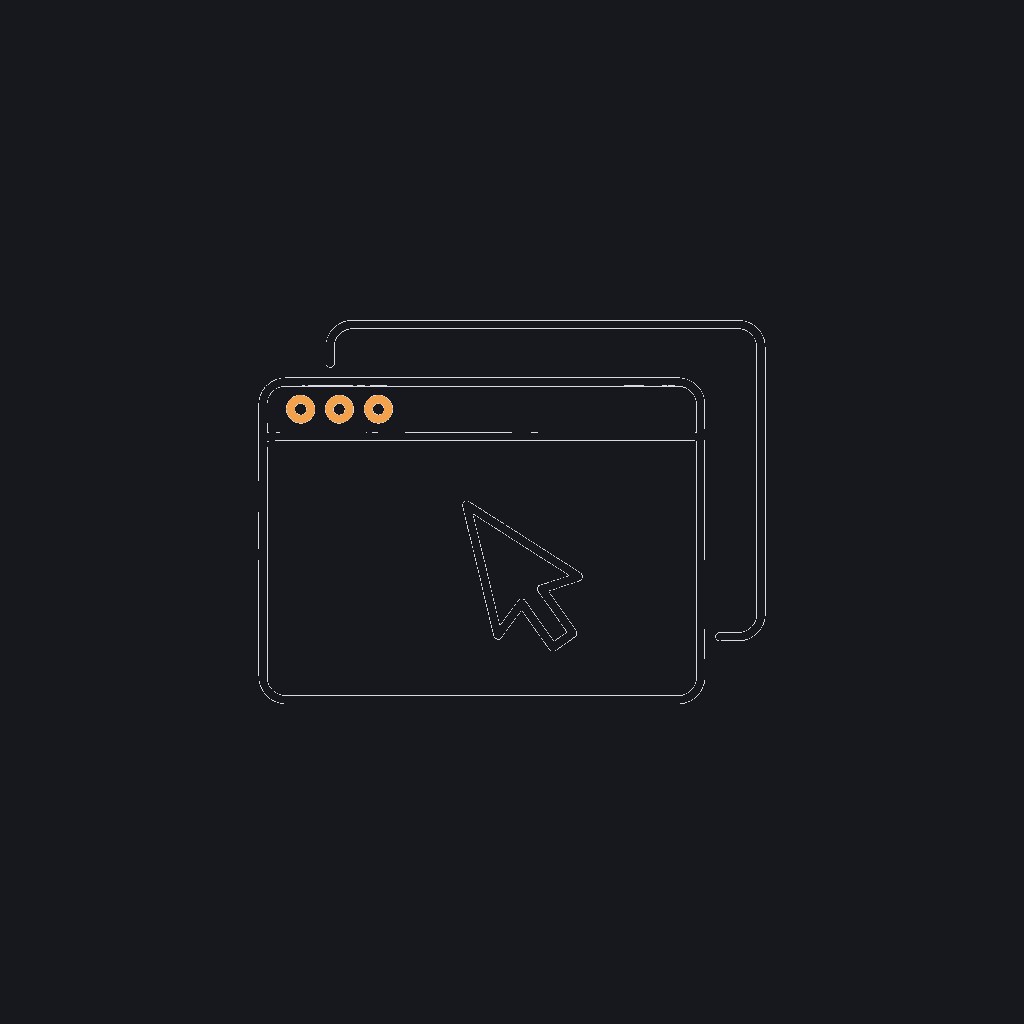 minimal line icon of two overlapping UI screen frames with a cursor, monochrome, interface design concept