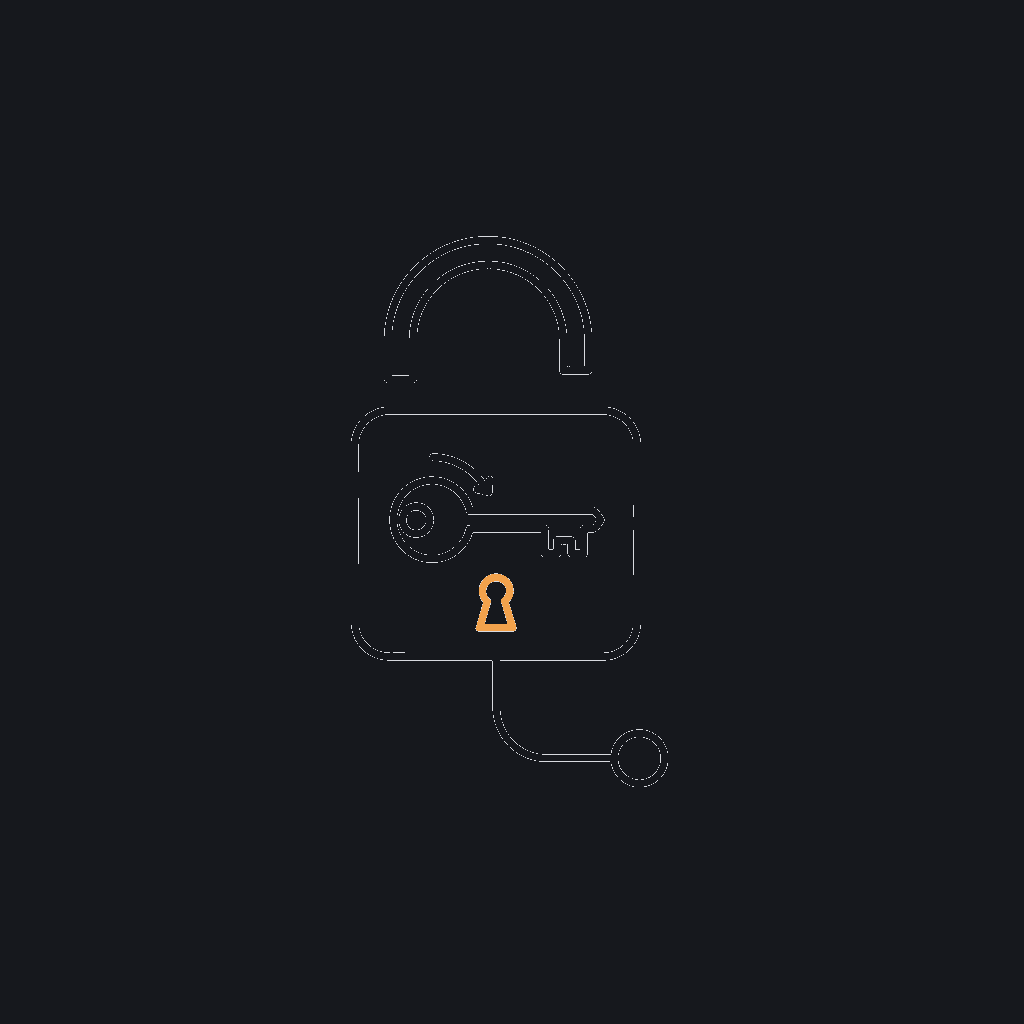 minimal line icon of a key turning inside an open padlock outline, concept: full ownership handover, no lock-in