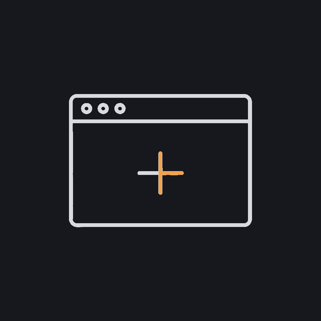 minimal line icon of a blank browser window with a small plus sign inside, new-site concept