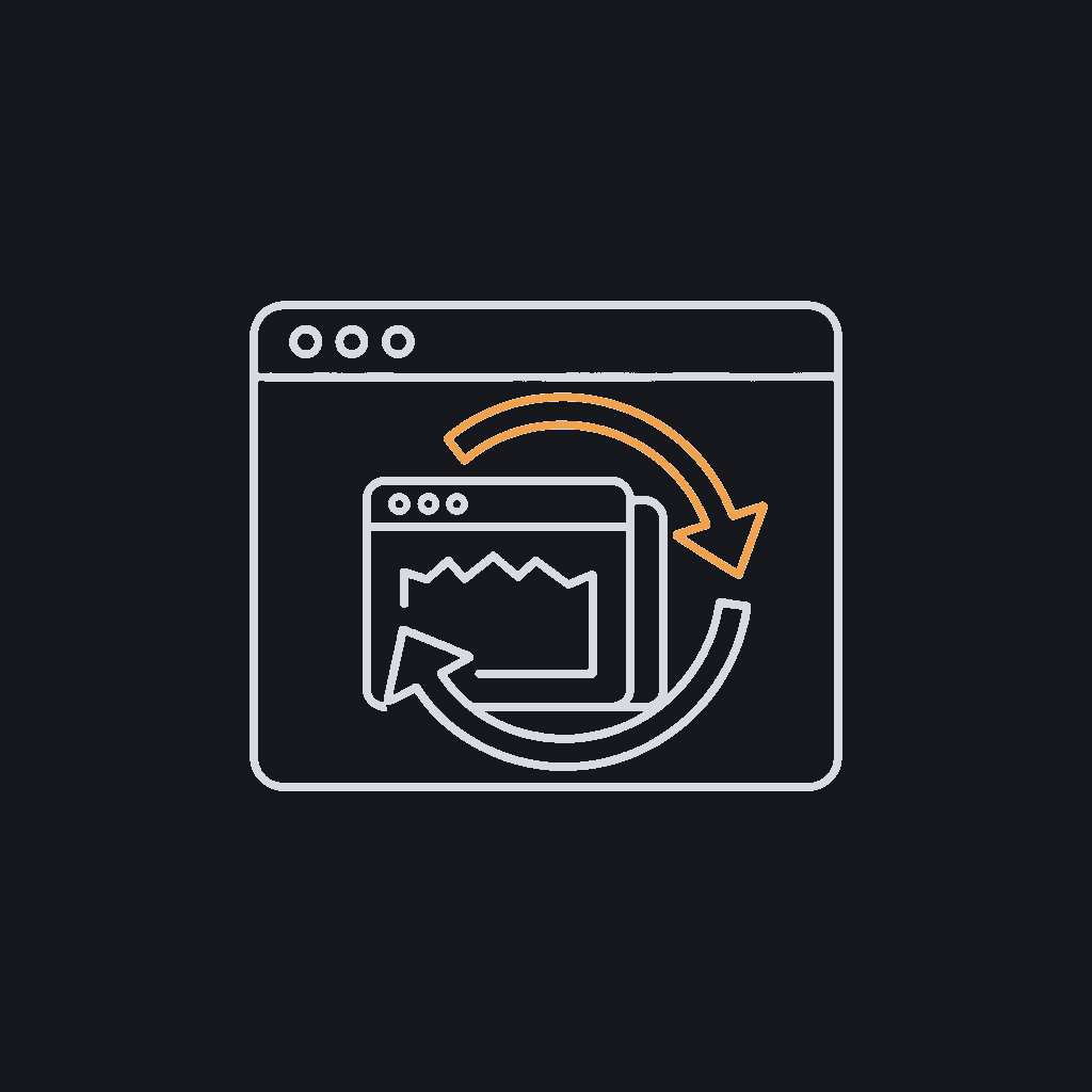 minimal line icon of a browser window mid-refresh, circular arrow overlaying an old page outline, rebuild concept