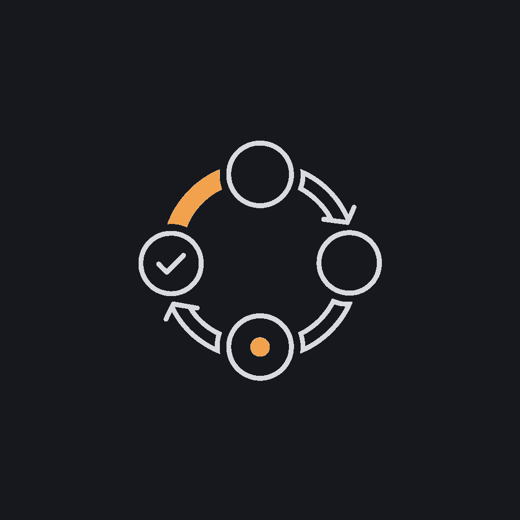 minimal line icon of a looping pipeline arrow through three connected nodes, continuous deployment concept
