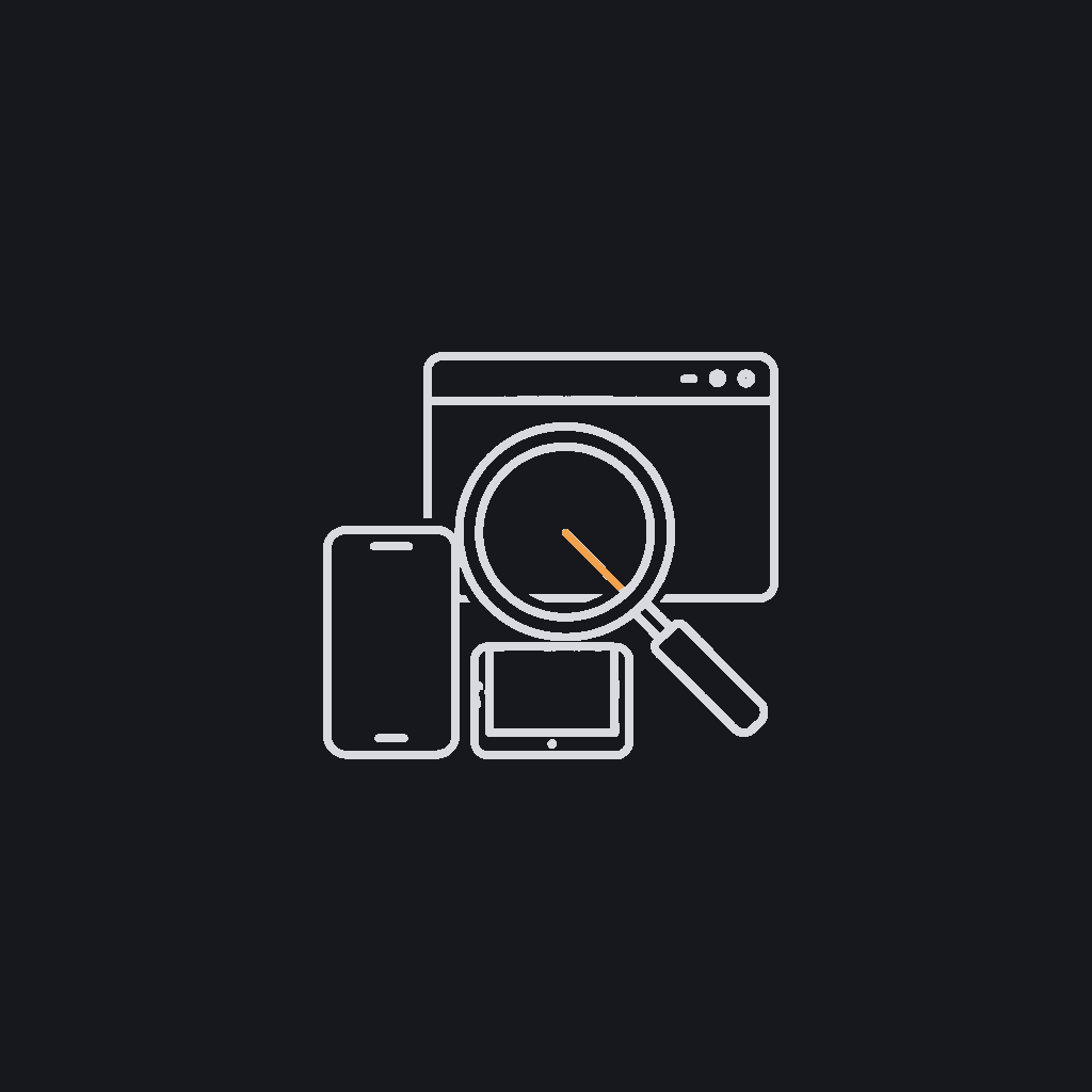 minimal line icon of a magnifying glass over a grid of device outlines (phone, tablet, browser), cross-device testing concept