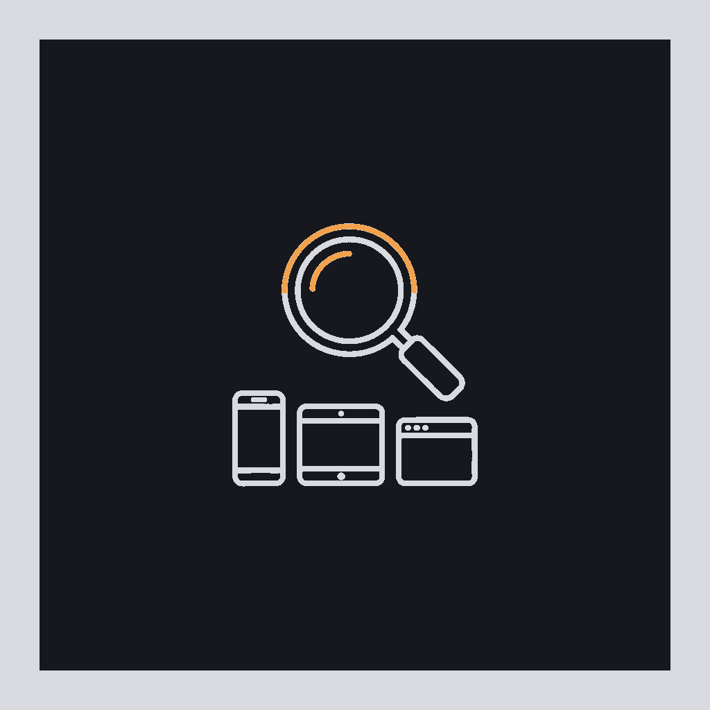 minimal line icon of a magnifying glass over a grid of device outlines (phone, tablet, browser), cross-device QA concept