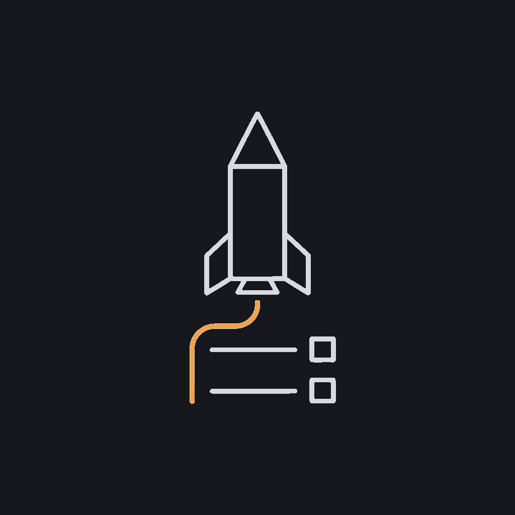 minimal line icon of a rocket ascending from a checklist, staged launch concept