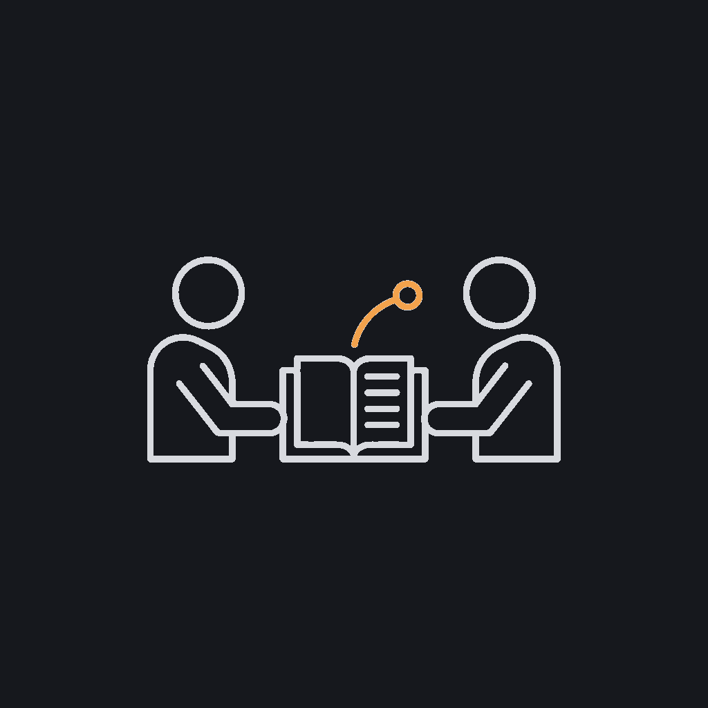 minimal line icon of two people at a table with an open notepad, discovery workshop concept
